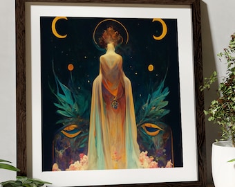 Goddess Painting - Nouveau Goddess - Harvest Moon Goddess -  Digital Download - Flowers and Moon goddess - Large Print