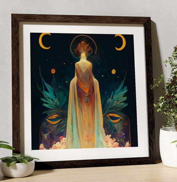 Goddess Painting - Nouveau Goddess - Harvest Moon Goddess -  Digital Download - Flowers and Moon goddess - Large Print