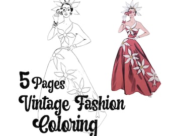 Vintage Fashion Coloring Pages - 1950s Coloring - 5 Pages Downloadable
