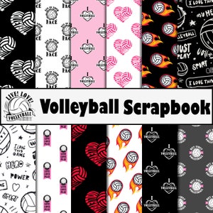 Scrapbookpapier volleybal - digitale download - 74 pagina's - zwart, wit, roze en rood - I Love Volleyball - Quotes and More