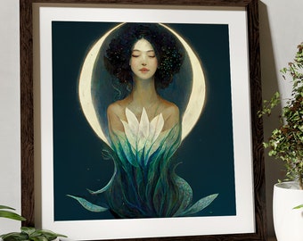 Goddess Painting - Nouveau Goddess - Mermaid Moon Goddess -  Digital Download - Flowers and Moon goddess - Large Print