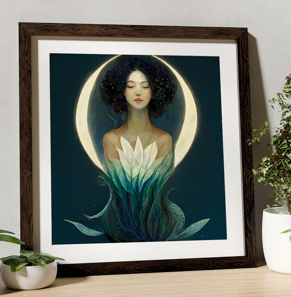 Goddess Painting - Nouveau Goddess - Mermaid Moon Goddess -  Digital Download - Flowers and Moon goddess - Large Print