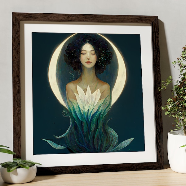 Goddess Painting - Nouveau Goddess - Mermaid Moon Goddess -  Digital Download - Flowers and Moon goddess - Large Print