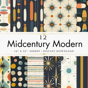 Puede incluir: Una colección de 12 papeles digitales Midcentury Modern. Los patrones presentan formas geométricas y diseños de estrellas en una paleta de azul marino, naranja, amarillo y verde azulado. El texto dice "12 Midcentury Modern 12" x 12" 300DPI | INSTANT DOWNLOAD."