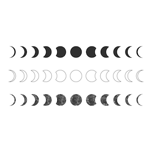 May include: Three rows of moon phases, each row showing the moon in different stages of its cycle. The top row is black, the middle row is white, and the bottom row is a textured black.