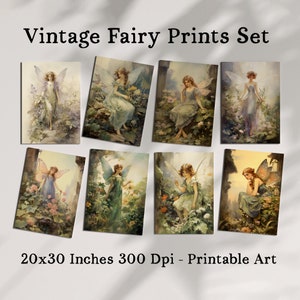 Fairy Art Prints - Vintage Fairy Ephemera - Fairy Cards - Afdrukbaar - Fairytale Garden Fairies Set van 8 - 20 x 30 - groot - hoge kwaliteit