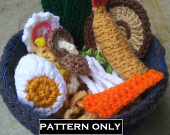 Ramen Bowl and Toppings CROCHET PATTERN ONLY - interactive ramen bowl set with removable toppings - narutomaki - mushrooms - tempura shrimp