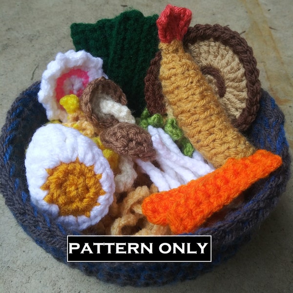 Ramen Bowl and Toppings CROCHET PATTERN ONLY - interactive ramen bowl set with removable toppings - narutomaki - mushrooms - tempura shrimp