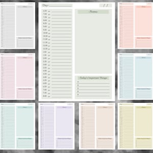 Może przedstawiać: Drukowany planer dzienny z ośmioma różnymi schematami kolorów. Każda strona zawiera sekcję na notatki, harmonogram dnia i sekcję na ważne rzeczy do zrobienia.