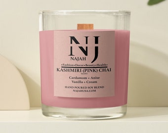 Kashmiri Pink Chai Soy Wax Candle | Clear glass Jar | Crackling WoodWick | Cardamom | Anise | Vanilla | Cream | Luxury | 8 oz |