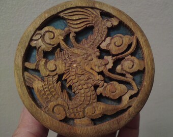 vintage wooden carved trinket box - reticulated pierced lid dragon among cloud - blue silk liner