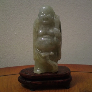 celadon ice-jade Buddha - russet & spinach-green jadeite standing budai figure