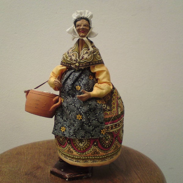 Vintage Santons De Provence French Folk Art Doll old lady carrying terracotta pot with seashell