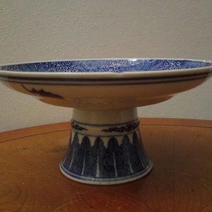 19th-20th Century Chinese blue and white ceramic Stem Dish / Compote