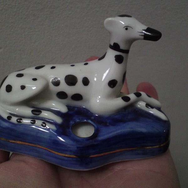Staffordshire Porcelain Dalmatian Dog miniature inkwell / pen & quill holder