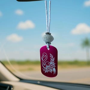Personalized Flamingo Car Charm, Laser Engraved Metal Tag, Lava Rock Bead