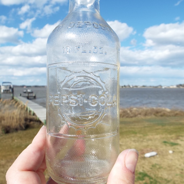 Sea Washed Pepsi Glass Bottle, embossed vintage