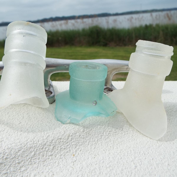 3 Aqua Teal & Frosty Antique Sea Glass Bottle Necks