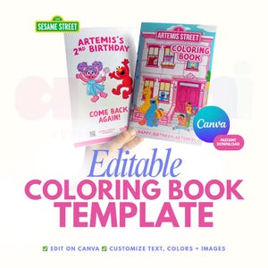 Peut inclure: Deux modèles de cahiers de coloriage sur le thème de Sesame Street. L'un présente Elmo et Abby Cadabby avec le texte "2e anniversaire d'Artemis". L'autre montre une maison de Sesame Street avec des personnages.