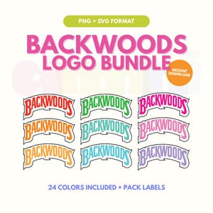 May include: A graphic design bundle featuring the text "BACKWOODS LOGO BUNDLE" in various colors. The image includes multiple logo designs in red, green, orange, blue, pink, and purple. The text "24 COLORS INCLUDED + PACK LABELS" is also present.