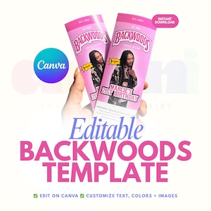Puede incluir: Una plantilla rosa de Backwoods con una foto y el texto "Marcie's 21st Birthday". La plantilla incluye el texto "Editable Backwoods Template" y el logotipo de Canva. La imagen también incluye el texto "Instant Download."