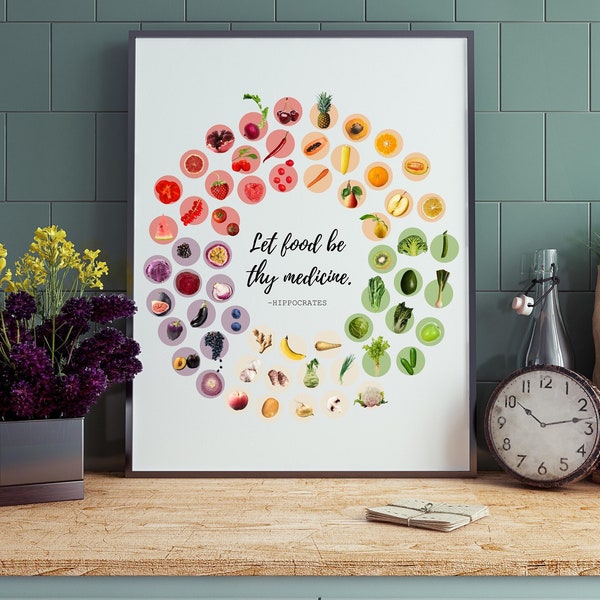 Let Food Be Thy Medicine, Digital Download, Colorful fruits and vegetables, Nutrition Poster, Art Print, Kitchen Decor, Vegan, Vegetarian