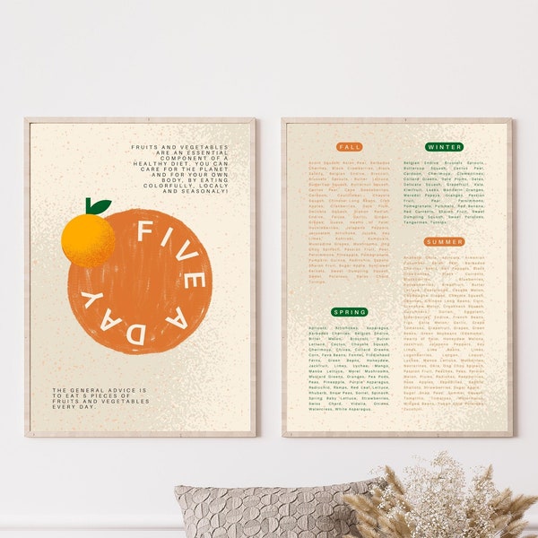 Seasonal fruits and vegetables guide, Set of 2 Nutrition Prints, Infographic Poster, Kitchen decor, Vegan poster, Gift for cook, Eat fresh