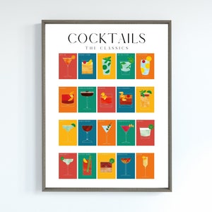 Classic Cocktails Print, Cocktails Poster, Cocktails Art, Drink Bar Poster, Cocktail Lover Gift, Cocktail Guide, Cocktail Menu, Kitchen Art
