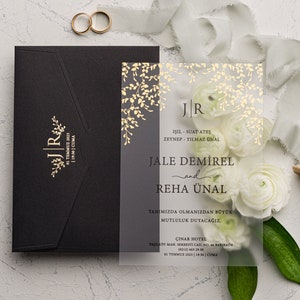 Wedding Invitations, Acrylic Invitation, Black foil Printed, Elegant Black Envelope Wedding Invitations, Luxury Invite, Minimalist Design