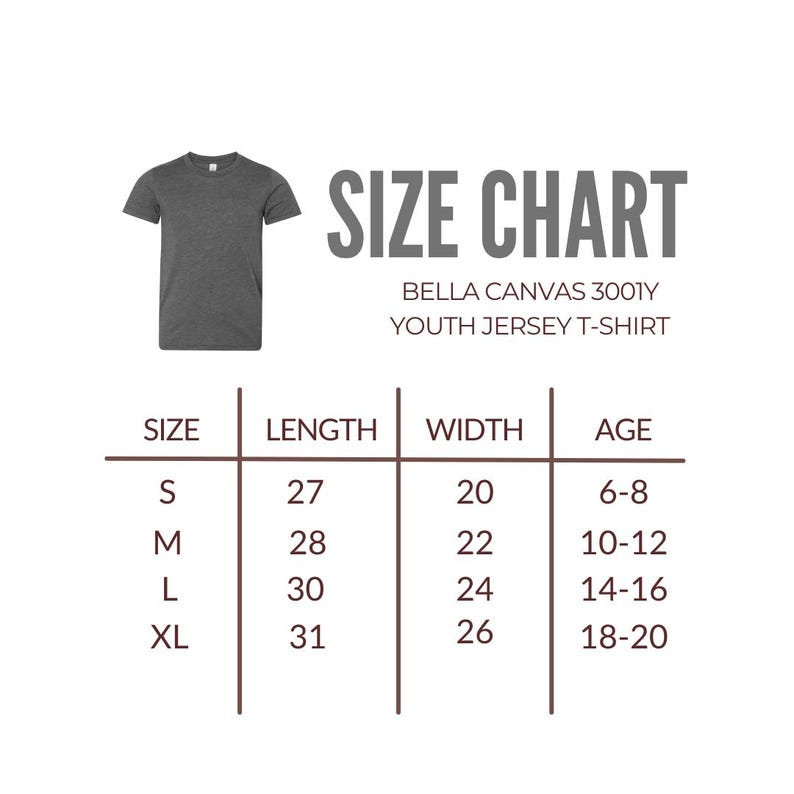 Puede incluir: Tabla de tallas para camisetas de jersey para j&oacute;venes Bella Canvas 3001Y. La tabla muestra las tallas S, M, L y XL con las longitudes, anchuras y rangos de edad correspondientes en pulgadas.