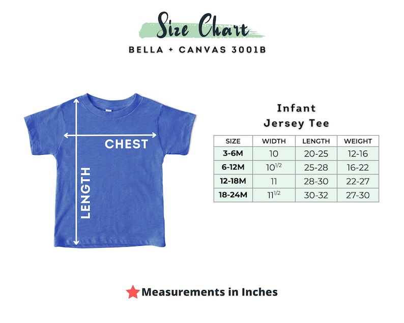 Puede incluir: Tabla de tallas para camisetas de punto para beb&eacute;s. La tabla muestra las tallas de 3 a 6 meses a 18 a 24 meses con las medidas de ancho de pecho, longitud y peso correspondientes en pulgadas.