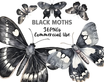 Black moth clipart, watercolor PNGs, goblincore moth graphics, fairycore forestcore witchy mystical goth aesthetic, digital download