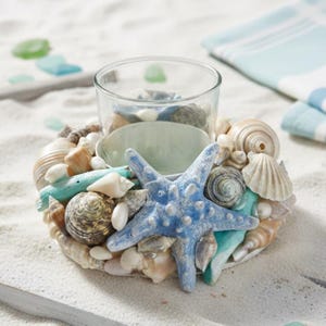 Handmade Coastal Shell Hurricane Candle Holder – Faux Starfish Beach Decor - Final sale / Non-returnable and Non-refundable