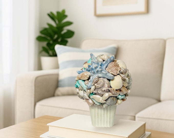 Tabletop Shells Coastal Shell Topiary Decor, Handcrafted Beach House Accent Tabletop ...