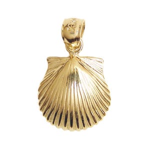 May include: A gold-colored seashell pendant charm. The seashell is detailed with ridges and a smooth, rounded surface.