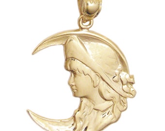 New 14k Gold Crescent Moon With Lady Pendant