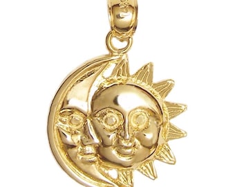 May include: A gold pendant featuring a sun and moon design. The sun has a smiling face with rays extending outward. The moon is crescent-shaped, with a face. The pendant has a loop for a chain.