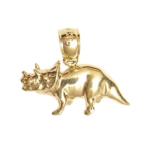 May include: A gold-colored pendant charm in the shape of a dinosaur. The dinosaur is standing on all fours and has a long tail. The pendant is detailed and has a shiny finish.
