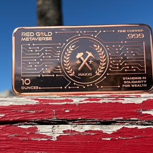 10 oz. .999 sztabka miedzianej monety RGM – logo kilofa z młotkiem – wzór Metaverse w kolorze czerwonego złota