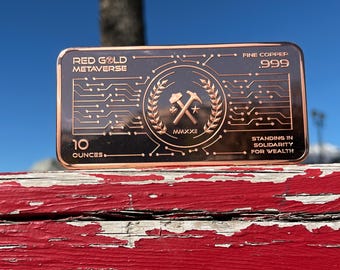 10 oz .999 Fine Copper Bar RGM – Pick-Axe Hammer Logo –Red Gold Metaverse Design