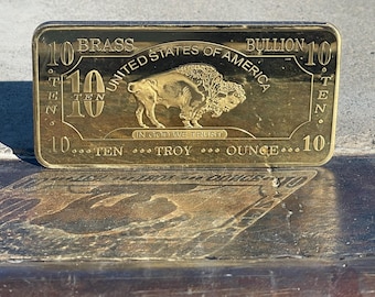 10 oz Brass Bar USA American Buffalo - Ten Troy ounce (311.035 grams) Fine Cu3Zn2 Bullion (.999) CMC Mint