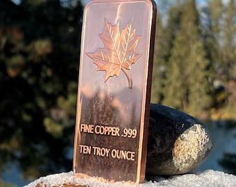 10 oz Copper Bar Canadian Maple Leaf - Ten Troy Ounce (311.035 grams) Fine Cu .999 CMC Mint