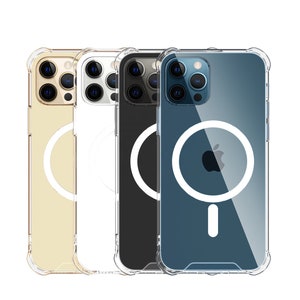 Könnte beinhalten: Vier transparente Handyhüllen mit einem eingebauten magnetischen Ring zum kabellosen Laden. Die Hüllen sind in Gold, Weiß, Schwarz und Blau.