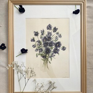 Acquerello originale di viole del pensiero nere in cornice dorata vintage e passe-partout 13 x 17 pollici, dipinto ad acquerello botanico originale vintage