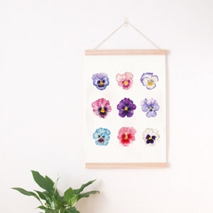 Pansy Art Print, Botanical Illustration, Flower Poster, Pansy Wall Art, Flower Nursery, Watercolor Pansy Flowers, Flower Vintage Print, Gift