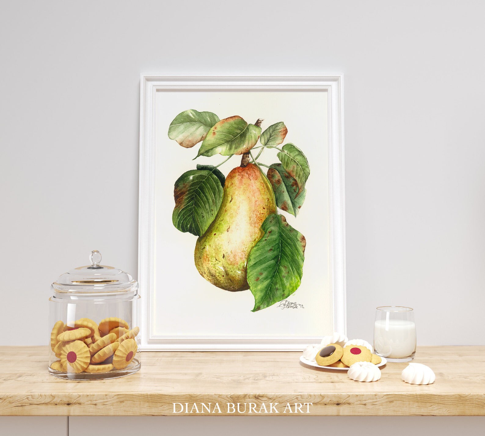 洋梨の絵 |オリジナルの植物画、水彩植物画、ヴィンテージフルーツ絵画