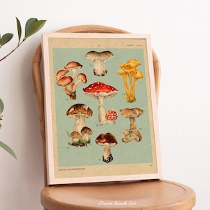 Stampa artistica di funghi, Illustrazione botanica vintage, Poster della foresta, Arte da parete con funghi, Vivaio nel bosco, Funghi acquerello, Stampa vintage autunnale
