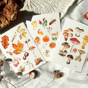 Ensemble de cartes postales d'automne de 3, ensemble de cartes, paquet de cartes d'automne, paquet de cartes postales confortable, champignons aquarelles, cadeau pour les amoureux de l'automne, ensemble de cartes postales d'automne
