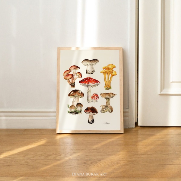 Impression d’art de champignons, Illustration botanique, Affiche de champignons, Art mural de champignons, Pépinière boisée, Champignons aquarelles, Impression vintage d’automne