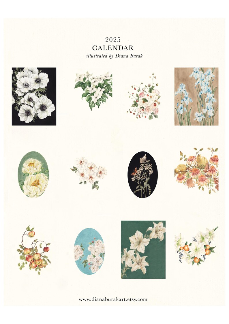 2025 Flower Illustrated Wall Calendar, Watercolor Flowers, New Year